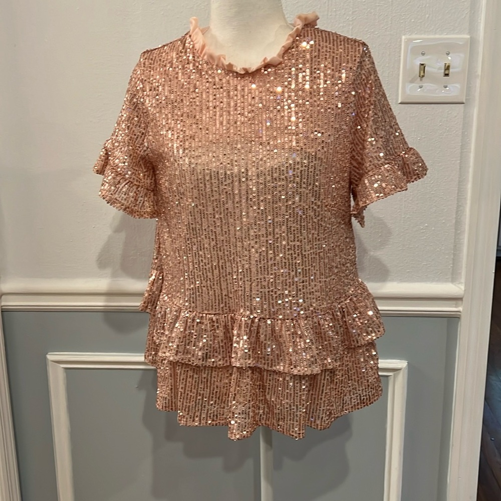 ROSE GOLD FULL SEQUIN PEPLUM BLOUSE - SIZE SMALL
